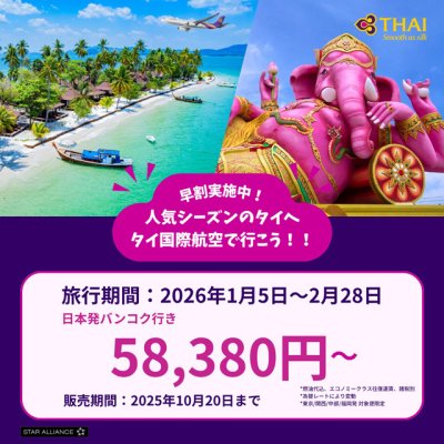 タイ国際航空、1~2月出発限定のプロモーション開催中 バンコク往復が諸費用込み6万円台